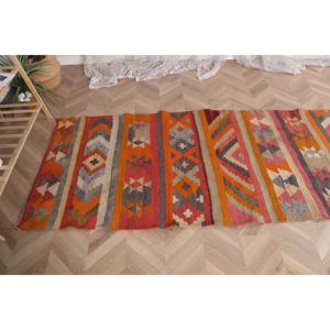 3.1x10.8 ft Vintage <b>Rug</b>, Turkish <b>Runner</b> <b>Rug</b>, Orange Pink Bordered Wool <b>Rug</b> - Product Image 5