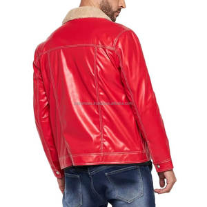 Elegante chaqueta de cuero rojo para hombre con cierre a presión de cuello de piel de oveja, perfecta para ropa de calle y salidas de invierno - Product Image 2