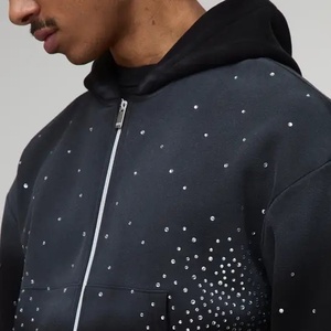 Sweat à capuche homme personnalisé en coton 100% anti-plis, coupe oversize, épais, délavé à l'acide, style vintage streetwear, orné de strass étincelants - Product Image 2
