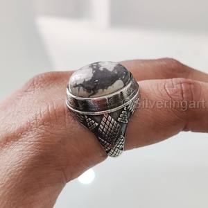 Bague en argent sterling 925 pour homme, bague de naissance en Howlite blanche naturelle, bijoux de noël arabe de toutes tailles - Product Image 3