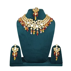 Conjunto de Joyería Fina con Cuentas y Adornos Kundan Multicolores, Chapado en Oro de 24K sobre Cobre, para Bodas - Product Image 1