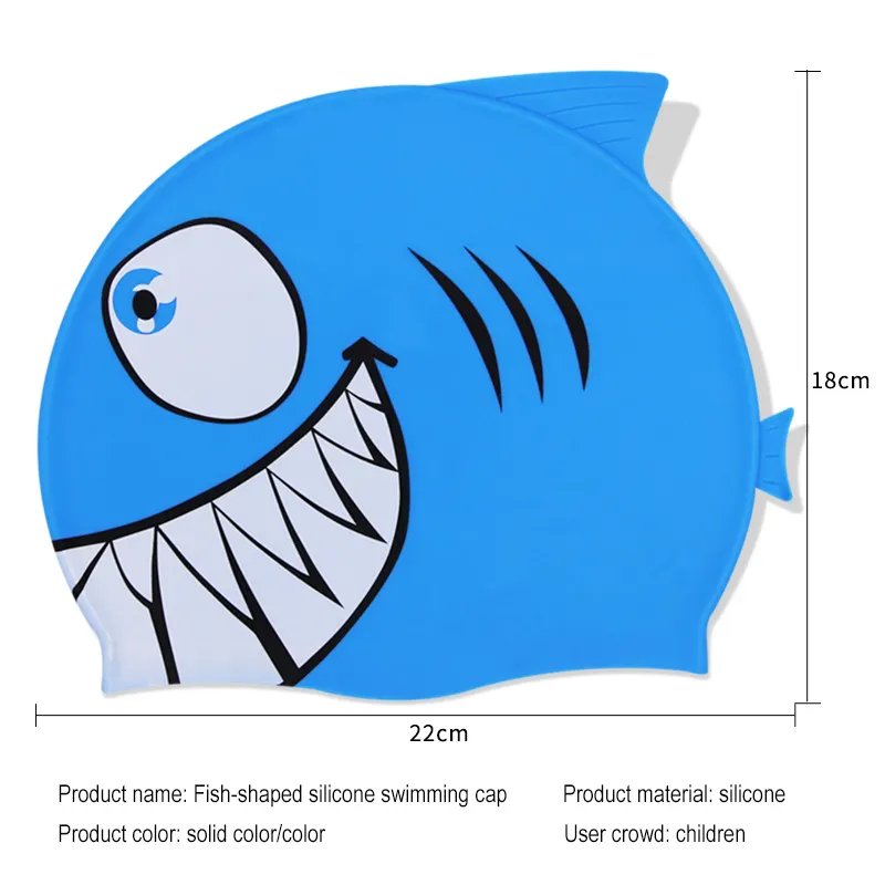 कस्टम कार्टून शार्क प्रिंट सिलिकॉन निविड़ अंधकार तैराकी टोपी निविड़ अंधकार सिलिकॉन पानी के खेल बच्चों के तैराकी टोपी