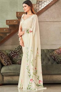 Elegante Impresión digital Sari pesado Chinon tela de seda para mujeres para ropa festiva apariencia de oficina y ropa cultural india tradicional - Product Image 3