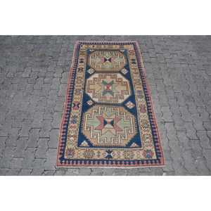 พรมตุรกีขนาด 3.37x6.3 ฟุต, พรมวินเทจลายจุดสีน้ำเงินแดง, พรมขนสัตว์ลายจุดสีน้ำเงินแดง - Product Image 1