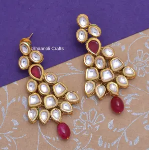 Handmade Statement Kundan Gold Plated Earrings High Quality Danglers For Gorgeous Looking Girls Jewelry