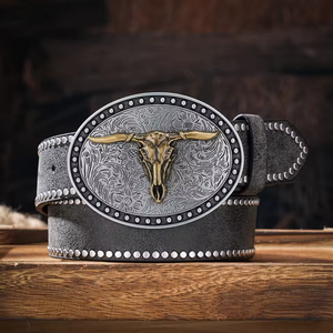 เข็มขัดหนังแบบมีหมุดพร้อมหัวเข็มขัดทรงหัวกระทิง สไตล์เรโทรพังก์ สำหรับหนุ่มๆ แนวเดนิม แรงบันดาลใจจากเข็มขัดคาวบอย ทำจากหนัง - Product Image 2