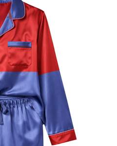 Ensemble de pyjama en satin de soie à blocs de couleur rouge et bleu pour femmes, personnalisé par le fabricant, boutonné, manches longues, vêtements de nuit de luxe - Product Image 3