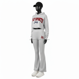 Ensemble de survêtement pour femme, texture gaufrée de luxe, mélange de coton 270 GSM, gris, sweat à capuche court, bas évasé, logo brodé, survêtement grande taille - Product Image 4