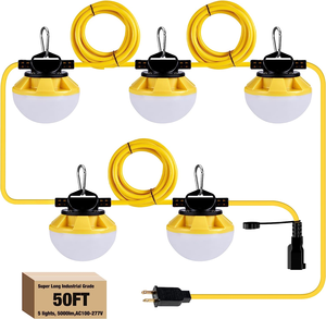 50ft Construction String Light 65w 8000lumen Led String <strong>Temporary</strong> Work Light Outdoor <strong>Lighting</strong> with 5 Bulbs - Product Image 1