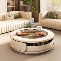 Ensemble de tables basses de rangement modernes et crémeuses, table centrale ronde en bois avec plateau en verre transparent pour salon