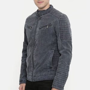 Veste décontractée en cuir véritable avec col montant, fermetures éclair sur le devant, design texturé, coutures de panneaux – Imperméable et coupe-vent - Product Image 2