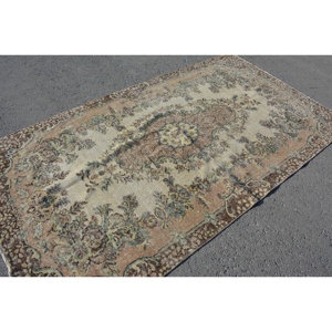 Turkish Vintage Rug, 4.8x8.4 ft Rug, <b>Brown</b> Green Polka dot <b>Wool</b> Rug - Product Image 4