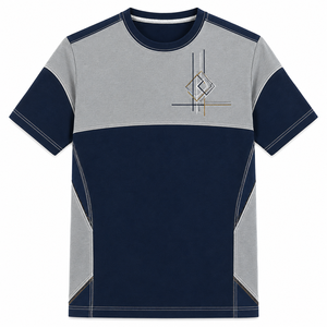 T-shirt décontracté pour homme, gris et noir, avec blocs de couleur et broderie géométrique sur les panneaux latéraux, personnalisable, vente en gros - Product Image 5
