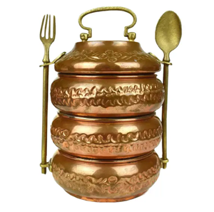 Antique brass <b>mini</b> lunch <b>box</b>, a charming two-tier tiffin carrier with a rustic wooden handle, perfect for nostalgic decorations - Product Image 2