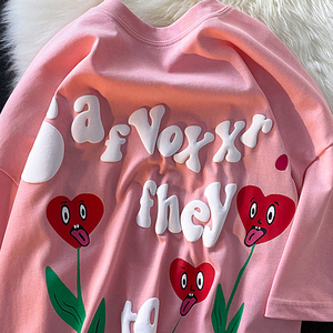 Camiseta personalizada para hombre con estampado de abullonado 100% algodón 3D espuma serigrafiada gráfica de gran tamaño con hombros caídos y corte holgado - Product Image 1