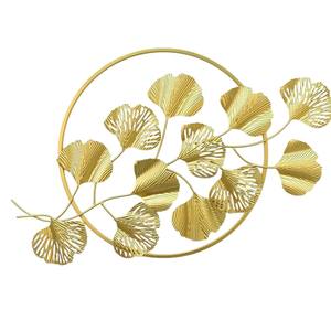 Art mural en métal de qualité supérieure, feuille de ginkgo, cadre rond doré, décoration intérieure, élégant, décoration murale en fer pour le salon, la chambre à coucher - Product Image 1