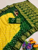 Nouveaux rideaux en soie Bandhej confortables de haute qualité avec bordure Kanchipuram jari élégant et joli sari