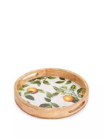 FAIZA CRAFT Plateau de service artisanal en bois émaillé, motif végétal, arbre fruitier orange, poignées grandes, design classique, cadeau