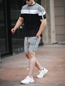 Conjuntos de dos piezas de Color sólido de verano para hombre, camisetas de punto de manga corta y pantalones cortos con cordón, trajes para hombre, ropa informal - Product Image 4