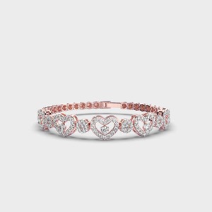 IGI Certified Lab Grown Diamond Heart Link Bracelet in 14K Yellow / White & Rose Gold Round Cut Designer Bracelet - Product Image 1