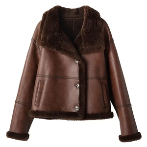 Top Selling Women's Buttoned Closure Brown Shearling <b>Real</b> Leather Jacket Fur <b>Coat</b> Aviator <b>Sheepskin</b> Leather Bomber Jacket - Product Image 4