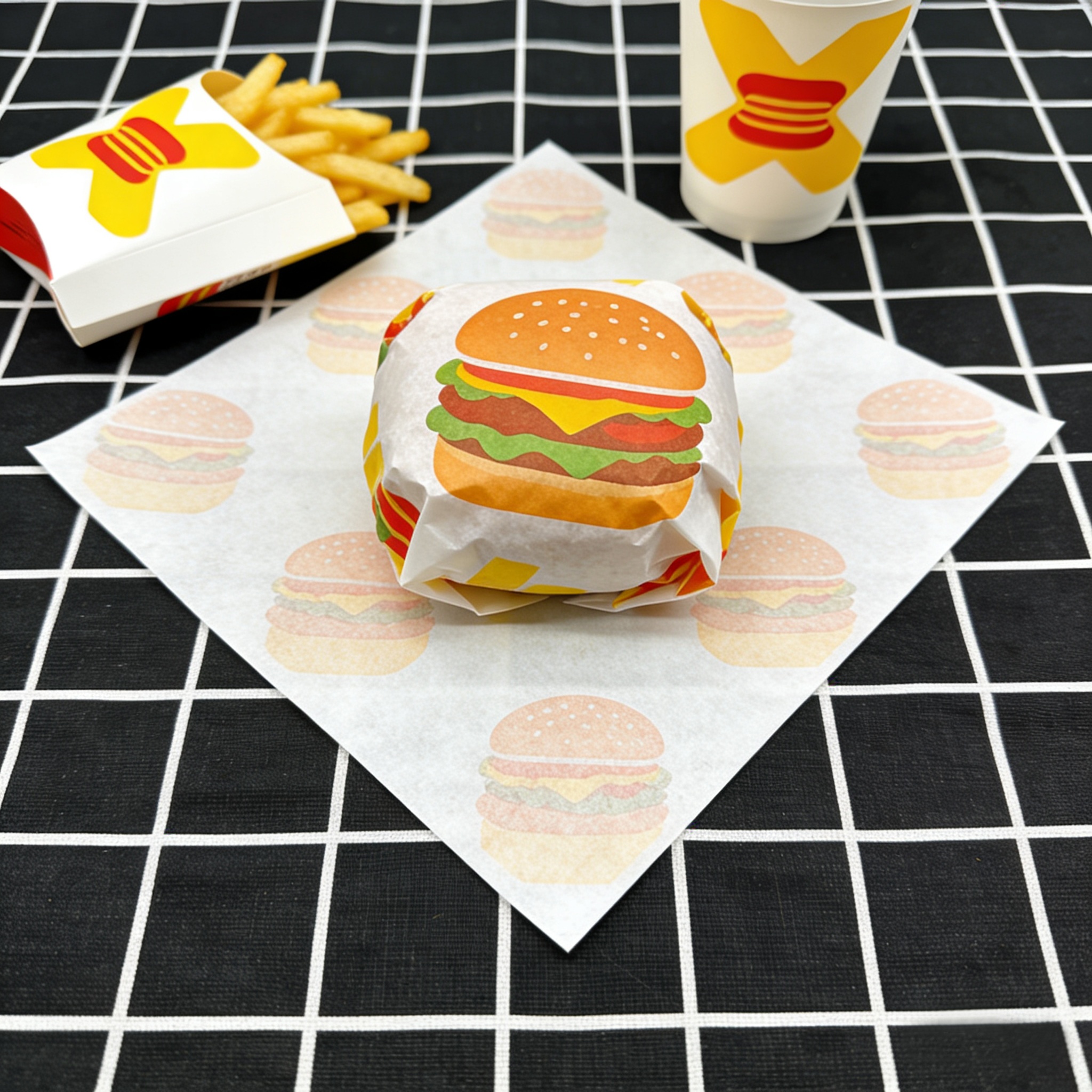 Hot Dog Fast Food Hamburger French Fries Chips Oil Proof Paper White Food Wrapping 40gsm Kit 5 Printed Greaseproof Paper Sheets