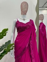 Sari en soie viscose Georgette rouge de style indien et pakistanais, avec broderies lourdes, prêt à porter, pour femmes, toutes saisons, pour fêtes et festivals
