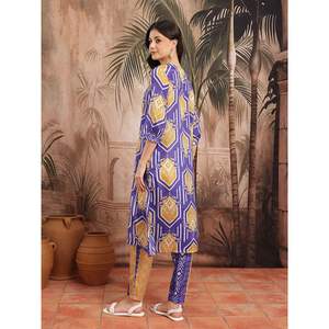 Conjunto de Kurta y Palazzo de Crepé Estampado Azul para Mujer, para Primavera/Verano, con Mangas Tres Cuartos - Product Image 4