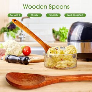 Ensemble de cuillères de cuisine en bois 12 "cuillères de service en bois massif pour mélanger en remuant les ustensiles de cuisine antiadhésifs vaisselle louche - Product Image 4