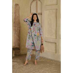 Conjunto de Kurta sin Mangas Estilo Bohemio Misty Grey Meadows en Crepé Transpirable para Primavera/Verano - Product Image 6