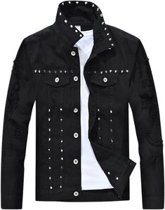 Veste en jean punk déchirée à trous pour hommes avec rivets manteau en jean camionneur boutonné - Product Image 1