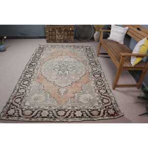 5.1x8.3 ft Rug, Vintage Turkish Rug, <b>Brown</b> Striped <b>Wool</b> Rug - Product Image 3