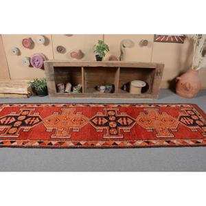 Turkish Vintage Eco-Friendly Latex Backing Rug 3.1x10.5 ft Herki Rug <b>Red</b> Blue Patchwork <b>Wool</b> Rug with Medium Pile - Product Image 4