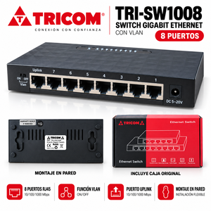 Switch Ethernet Gigabit TRICOM a 8 Porte 10/100/1000 Mbps con Supporto VLAN e QoS, Montabile a Parete, Plug and Play - Product Image 1