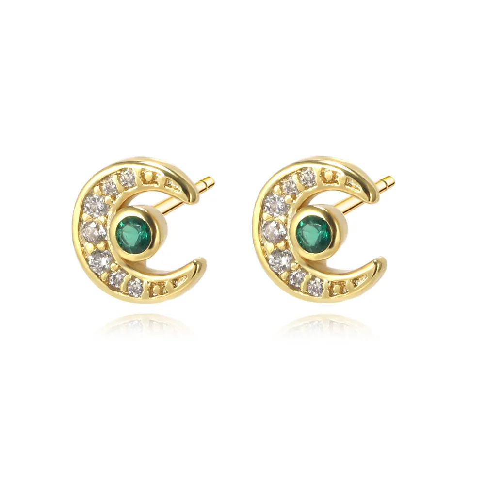Tiny green moon design girls stud earrings,wholesales dainty 18k gold plated round zirconia tiny girls fashion jewelry earrings