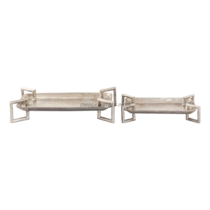 Ensemble de plateau de service ovale argenté élégant avec un design de poignée unique, parfait pour servir des collations et améliorer la décoration de table - Product Image 1