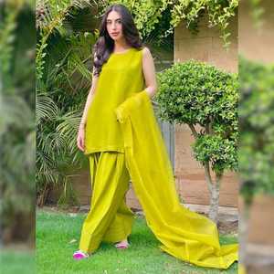 <b>Custom</b> Fit Punjabi Satin Silk Organza Kurta Ethnic Pakistani Short Sleeves Zari Embroidery Sharara Pallazo Farshi Natural - Product Image 4