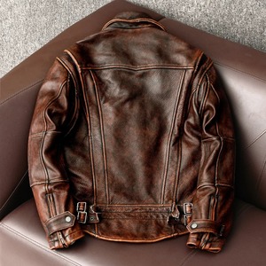 Nouveau style de veste de motard en cuir de vachette marron vintage pour hommes manteau d'hiver à fermeture éclair en cuir véritable mince style de rue à la mode - Product Image 2