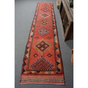 Vintage Turkish Classic Style Rectangle Rug 2.7ft X 13.6ft Orange <b>Brown</b> Bohemian Patchwork Design Flat Weave <b>Wool</b> Latex Backing - Product Image 1