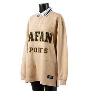 Chemise de rugby pour femme en coton jacquard lourd 320 GSM, beige, manches longues, patch en chenille, logo personnalisé, chemise de rugby pour femme en coton - Product Image 4