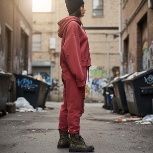 Ensemble deux pièces pour femme, style streetwear grunge personnalisé, rouge uni, haut court et pantalon de survêtement, avec découpe laser et trous déchirés - Product Image 3