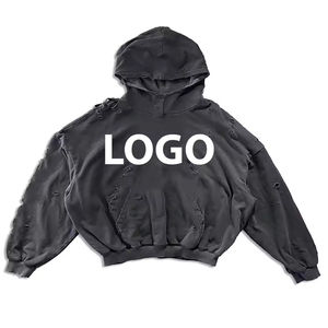 Sweat à capuche personnalisé OEM pour homme, en molleton bouclette, effet vieilli, délavé à l'acide, design effet soleil, brodé, 100% coton, écologique, Blanky - Product Image 4