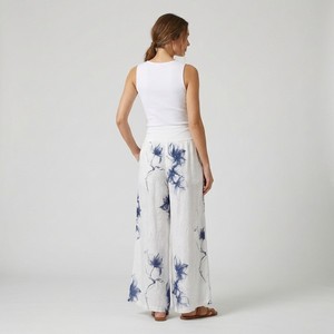 Pantalones Anchos con Cintura Elástica, Estampado Floral, Bolsillos, 100% Lino - Product Image 2