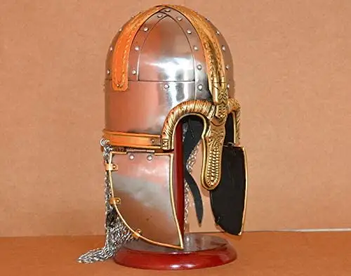 Calvin Handicrafts" Delight Enterprises Handicrafts Antique Medieval Knight Armour Viking Brass Helmet with Wooden Stand