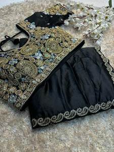 Sari de Mujer de Georgette, Seda y Viscosa, con Bordado de Encaje, Sin Costuras, Multicolor, Estilo Elegante o de Belleza - Product Image 4