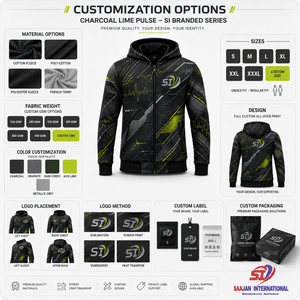 เสื้อฮู้ดดี้กีฬาแบบกำหนดเอง สีชาร์โคลไลม์ ลายกราฟิก ซิปเต็มตัว สตรีทแวร์ประสิทธิภาพสูง โลโก้ OEM ขายส่งชุดกีฬา - Product Image 4