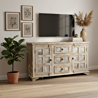 Muebles de Comedor de Diseño Antiguo de Alta Calidad, Aparador Único con Estampado a Bloque en Blanco Desgastado, Madera India SUREN SPACE