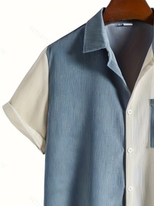 <b>Men's</b> Casual <b>Summer</b> Corduroy Short Sleeve Button down <b>Shirt</b> Breathable Streetwear with Color Block Knitted Weaving Method - Product Image 3