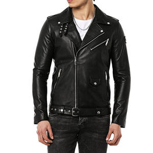 Veste de motard en cuir d'agneau véritable pour homme de qualité supérieure, col bomber zippé d'hiver avec deux poches - Product Image 1