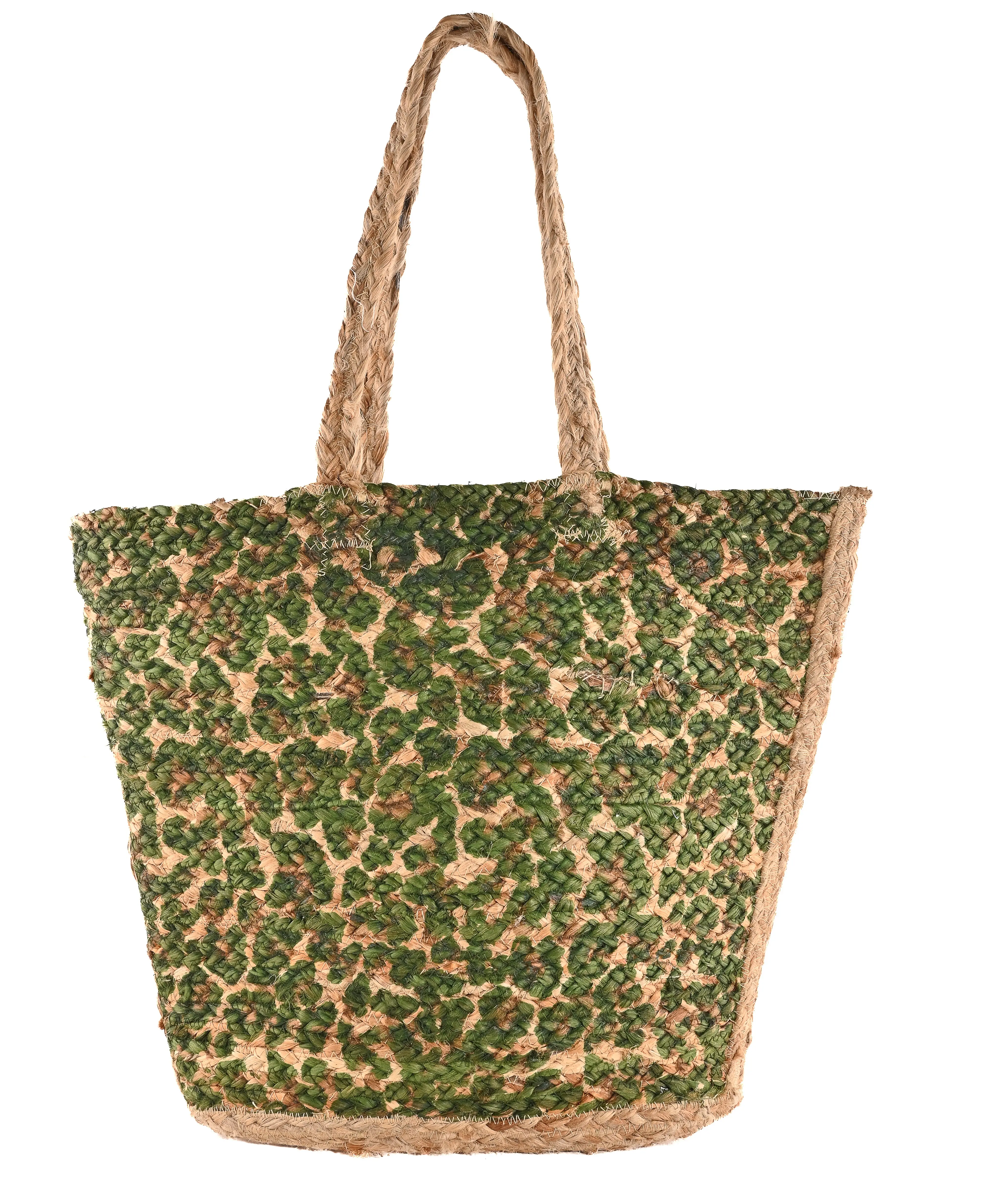 Bolsa de praia de juta natural feita à mão com estampa floral verde, bolsa de mão de juta para festas e praia, ideal para uso em grandes lojas